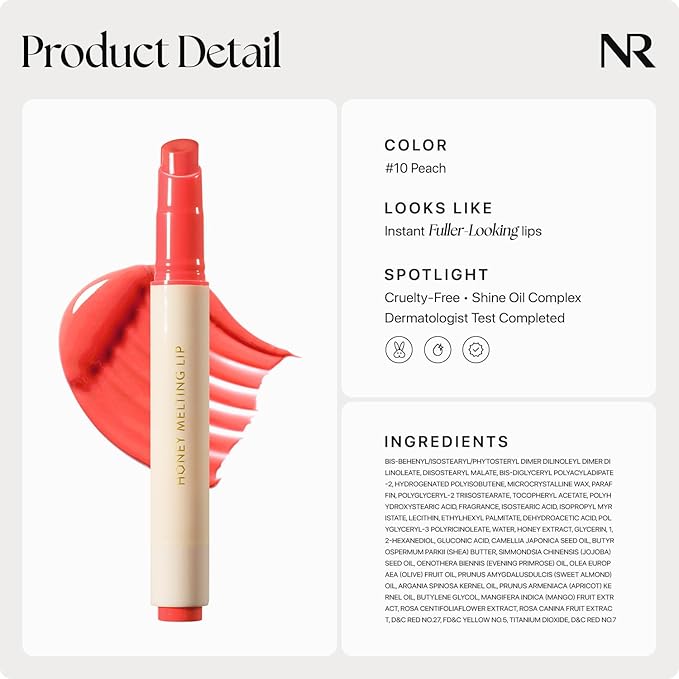 Nature Republic HONEY MELTING LIP (10 PEACH) SOFT LIP STICK, Hydrating Gloss, Moisturizing balms, Sheer tint, Shine & Glowy Finish, korean make up