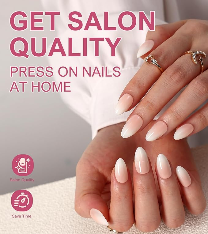 Morily 30Pcs Press on Nails Short Almond, Ombre Pink Fake Nails Acrylic False Nail Tips Reusable Full Cover Stick on Nails for Women - 15 Sizes