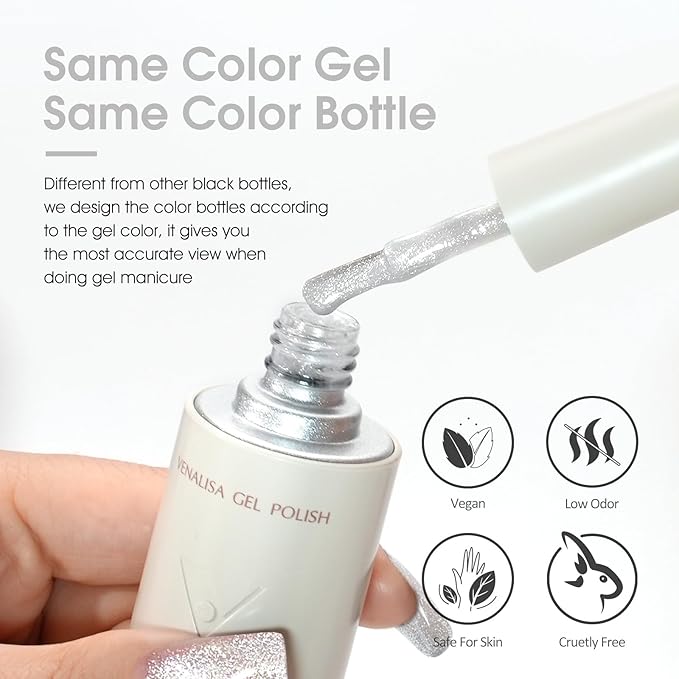 VENALISA Glass Cat Eye Gel Nail Polish, 1 Pcs Silver Glitter Holographic Magnetic Gel Polish Color High Gloss Soak Off U V Nail Manicure Salon and DIY at Home Gifts for Women