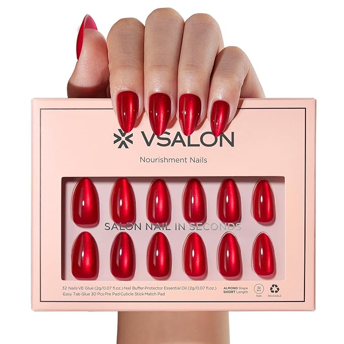 VSALON Press on Nails Short Almond - Red Cat Eye Chrome New Year Nails, Reusable Opaque Gel Fake Nails Kit with Glue & Cuticle Oil - 32 PCS Stick on Nails in 16 Sizes (Pulse red)