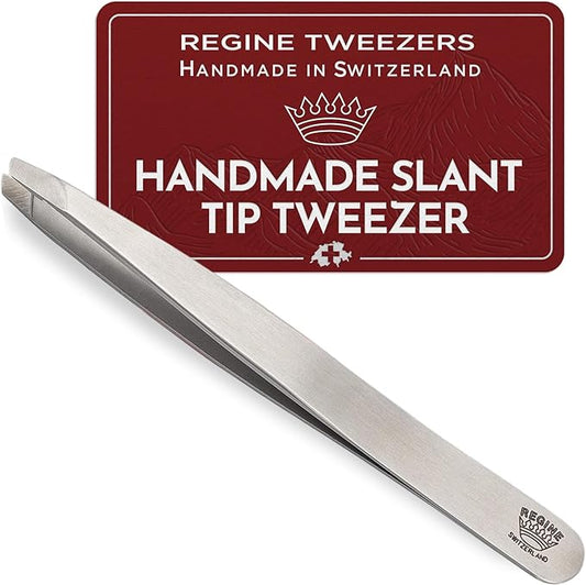 Regine Switzerland Professional Tweezers Slant Tip - Etched Tip Brow and Eyebrow Tool for Men and Women - Precision Tweezers for Fine Hair, Chin, Lash Extensions - Stainless Steel Handmade Beauty Tool