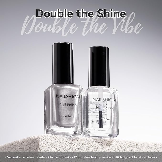 Nailshion Metallic Silver Nail Polish with Base Top Coat, 3 IN 1 Nail Strengthener Quick Dry Clear Nail Polish Duo, Opaque, Non-Gel, Vegan, Liquid Silver Glossy Chrome Nails Art Gift for Women Girls