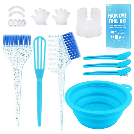 YOOVR 19PCS Hair Bleach Dye Kit with Hair Dye Brush and Bowl Whisk Hair Clips Protective Gear Set, Ideal for Hair Bleaching Coloring Highlighting, Essential Salon Supplies for Home Use (Blue)