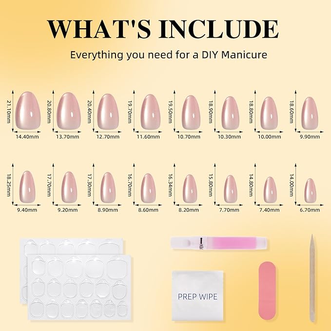 Leefrei Cat Eye Press On Nails - Glazed Soft Pink Press On Nails Short Almond Nails Press Ons for Women Fake Nails with Glue, Glossy Reusable Glue on Nail in 16 Sizes - 32pcs, Petal Pink
