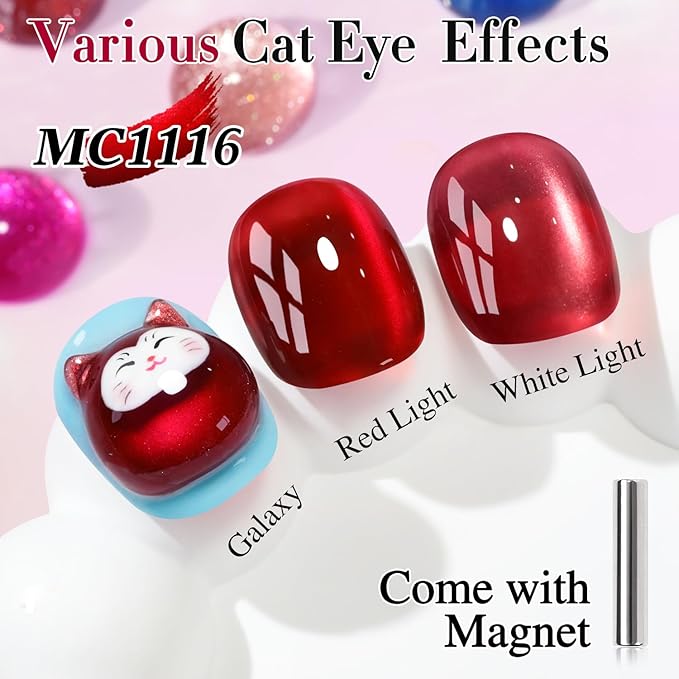 Double Rhythm Jelly Glass Cat Eye Gel Polish with Magnet 15ML Holographic Glitter Shimmer Translucent Sheer Color Magnetic Nail Polish Salon DIY at Home (Red-MC1116)