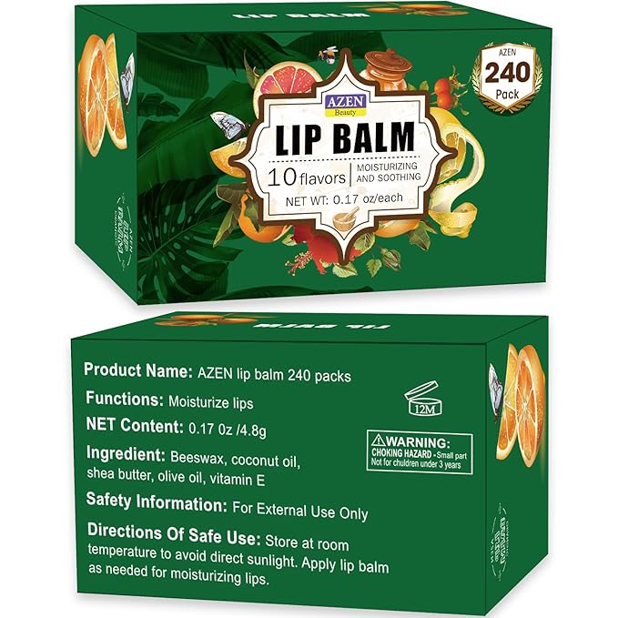 AZEN 240 Pack Lip Balm, Natural Lip Balm Bulk, Lip Care Product, Christmas Stocking Stuffers, Christmas Gifts for Women Girls - 10 Flavors