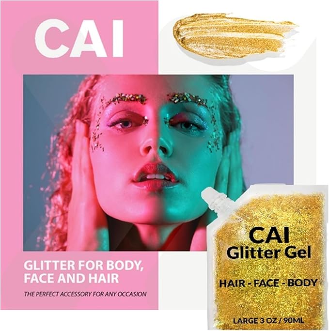 Face, Body & Hair Glitter Gel – Halloween Glitter for Kids and Women – 3 Oz Cosmetic-Grade Gel w/Moon & Stars for Festivals & Halloween Party, Easy Apply & Wash Off - Gold 1Pack
