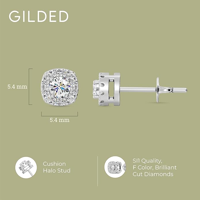Gilded Lab-Grown Diamond Sterling Silver and 14KT Yellow Gold Plated Silver Stud Earrings for Women | Cushion Halo Shaped Studs | Hypoallergenic Fine Jewelry | Prong Setting, Push Back Nut | SI1 Clarity, F Color 1/4, 1/2, ,1 Carat Total Weight