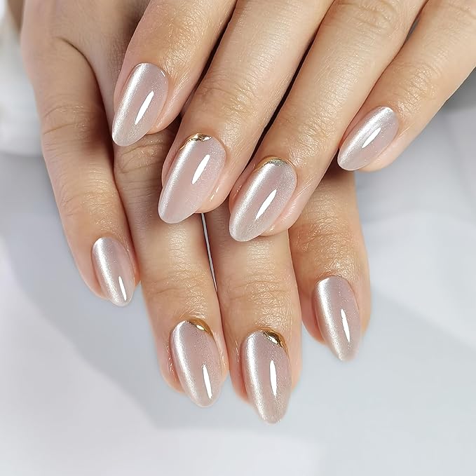 RPNZL Press On Nails - Glow | Champagne Cat Eye 3D Gold Design, UV Finish Almond Nails, Salon Quality | 32 Nails, 16 Sizes Kit with Glue and Adhesive Tabs I Female Founded - Beauty, Self Care