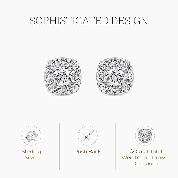 Gilded Lab-Grown Diamond Sterling Silver and 14KT Yellow Gold Plated Silver Stud Earrings for Women | Cushion Halo Shaped Studs | Hypoallergenic Fine Jewelry | Prong Setting, Push Back Nut | SI1 Clarity, F Color 1/4, 1/2, ,1 Carat Total Weight