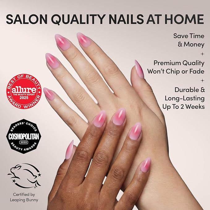 Glamnetic Press On Nails - Blushing Aura | Short Almond Trendy Pink with Ombre Center Nails in a Glossy Finish | 15 Sizes - 30 Nail Kit with Glue