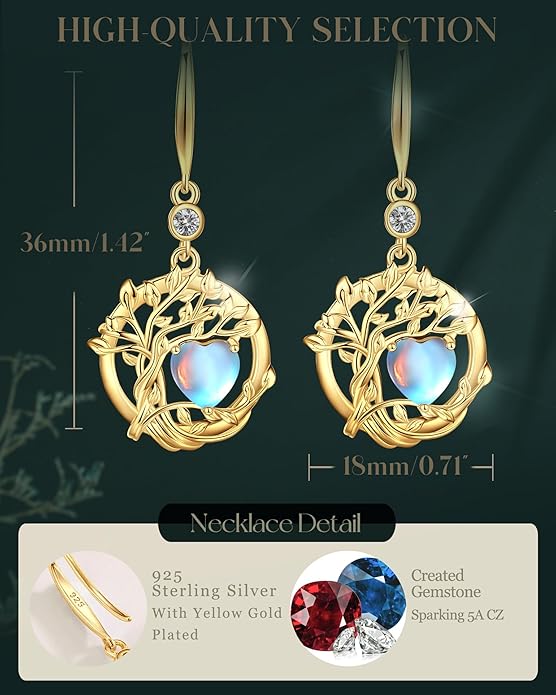 FANCIME Tree of Life Dangle Drop Earrings 925 Sterling Silver Dainty Round Gemstone Birthstone Earring Fine Jewelry Birthday Christmas Gifts for Her Women