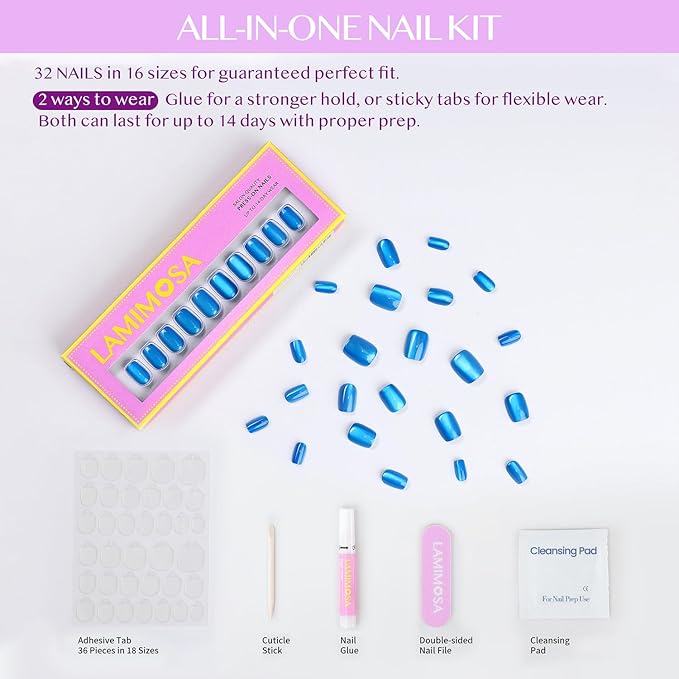 LAMIMOSA 32Pcs Cat Eye Press On Nails Short Square – Blue Nail Kit, Soft Gel Fake Nails in 16 Sizes, Reusable Glue on Nails, BLUE VELVET