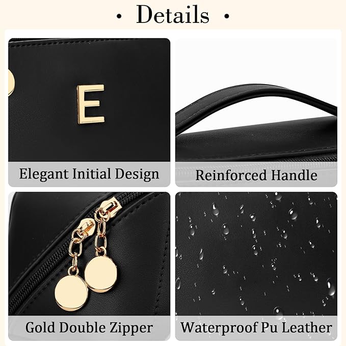 Birthday Gifts for Women Teen Girl, Personalized Initial Makeup Organizer Bag Set, Open Flat Travel Cosmetic Bag With Clear Divider and Handle(Black,E)