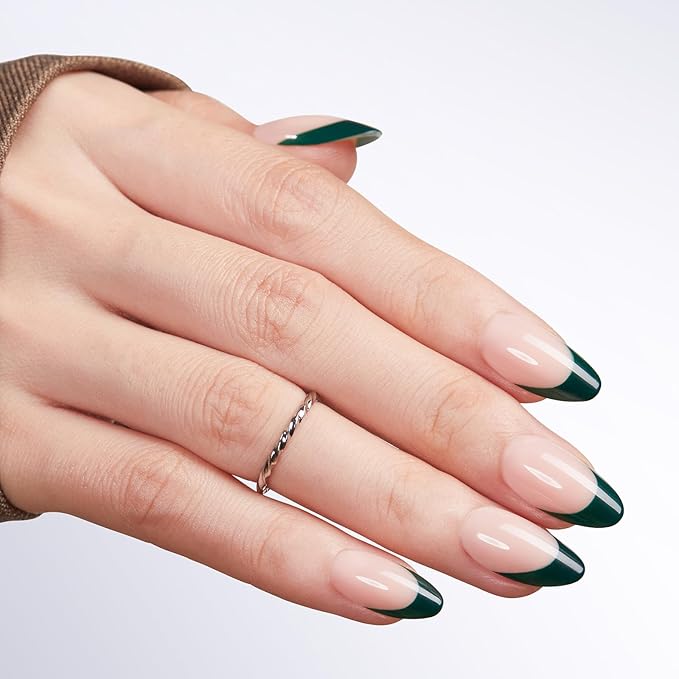 Modelones Green French Tip Press on Nails Almond, Short Almond Fake Nails, Nail Kit with Nail Glue Adhesive Tabs Mini Nail File, Nails Press Ons 32Pcs16 Sizes, Women Girl Gift