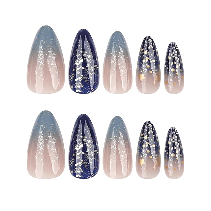 XZMeiLun Press On Nails Spring Acrylic Nails for Women - Starry sky Designer Fake Nails Medium Almond 24PCS, Glossy Soft Gel with Glue, Outdoor Picnic/Wedding/Party Reusable Stick On Nails Gift