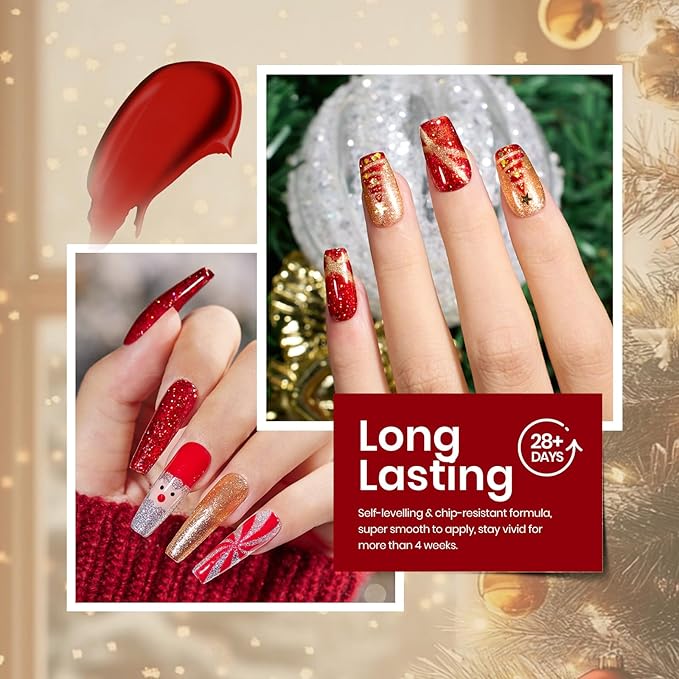 Beetles Gel Nail Polish Set - Valentines Holly Berries 6 Colors Gel Nail Kit with Sparkle Glitter Red Green Gold Silver Shades Holiday Nail Art Gift for Women Soak Off UV LED Nail Gel