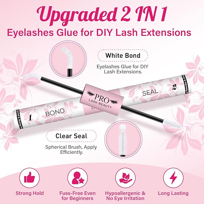 PROLASHBEAUTY Lash Cluster Glue Clear Lash Glue Lash Bond and Seal for Eyelash Clusters 2-3S Fast Drying Waterproof Strong Hold 72H+ Eyelash Glue (10ml, Clear Bond & Clear Seal)