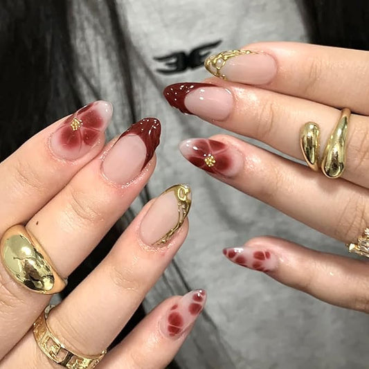 24pcs French Tip Press on Nails Medium Almond Fake Nail Brown French Nails Petals and Flowers Design Short Almond Nail Art False Nail Stick on Acrylic Nails for Women Daily Wear