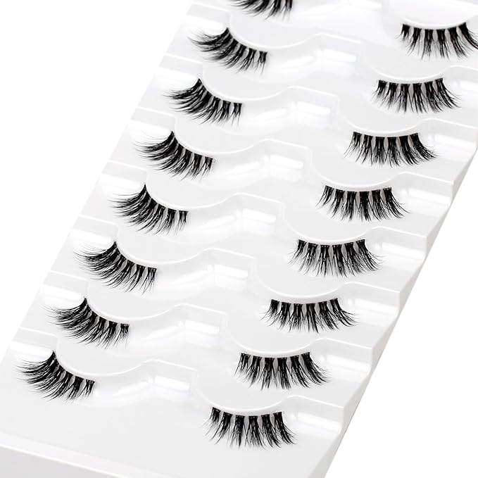 Natural Fake Eyelash for Nude Makeup Cat Eye Look Half Lashes Strips Manga Doe-Eye Spiky Short Accent Lashes Wispies Volume Asian Fairy Clusters False Eyelashes Extensions 8 Pairs Pack Daily Use