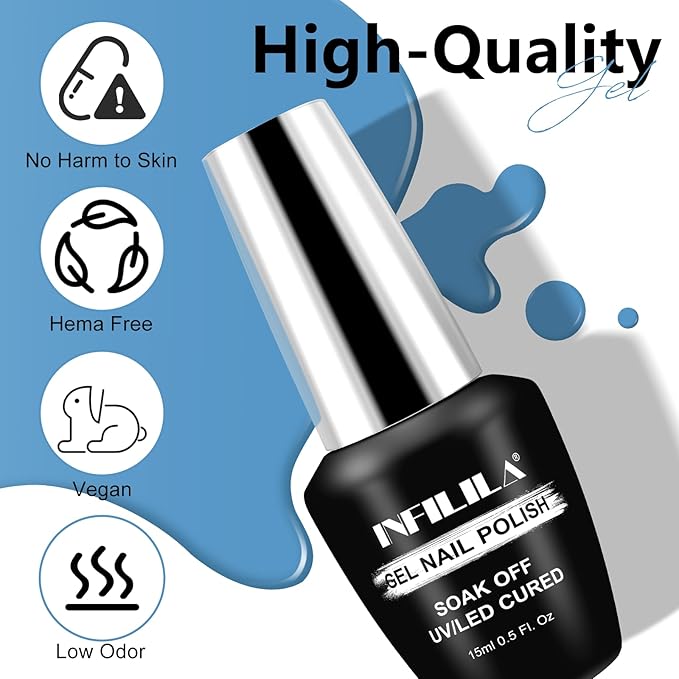 NXJ INFILILA Blue Gel Nail Polish, 15ml 0.51oz One-Stroke Coloring Blueberry Blue UV LED Gel Polish, Hema Free Color Gift for Women Nail Art Manicure Salon DIY Design Decoration at Home SQ084
