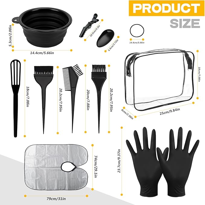 DINTSTYLE 26PCS Hair Dye Coloring Kit, Professional Hair Bleach Kit, Hair Coloring Products, Gloves, Storage Bag, Rubber Band, Ear Cap, Mixing Spoon, Shawl, Clips, Brush, Bowl, Black