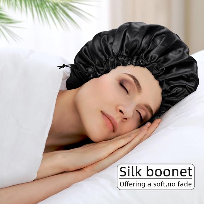 Satin Silk Bonnet for Curly Hair Bonnet Braid Bonnet for Sleeping Bonnets for Women Large Double-Layer Adjustable(2Pcs Black)