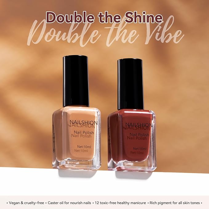 Nailshion Chocolate Brown Nail Polish, 2 Colors Mocha Mousse Fall Winter Nail Polish Duo Non-Gel, Opaque, Fast Drying, Streak Free & Long Lasting Glossy Nail Art Gift for Women