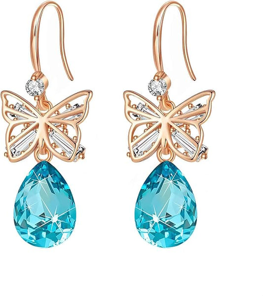Austrian Crystal Teardrop Butterfly Drop Dangle Earrings for Women 14K Rose Gold Plated Hypoallergenic Jewelry