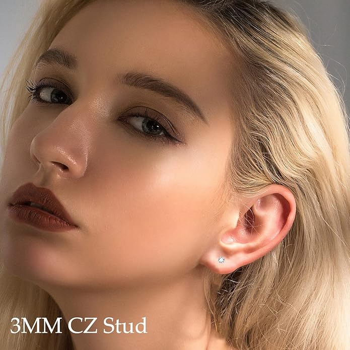 Fansilver 20G Hypoallergenic Flat Back Earrings for Women Men Silver 14K Gold Stainless Steel Stud Earrings Brithstone Cubic Zirconia Studs Surgical Steel Cartilage Earrings for Sensitive Ears