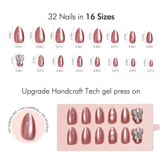 VSALON Press-On Nails Short Almond - Pink Cat Eye Chrome 3D Sculpting Metallic Design for Woman, Reusable Fake Nails & Soft Gel Nail Glue, Protector Cuticle Oil, Tabs & Nail File - 32 PCS in 16 Sizes
