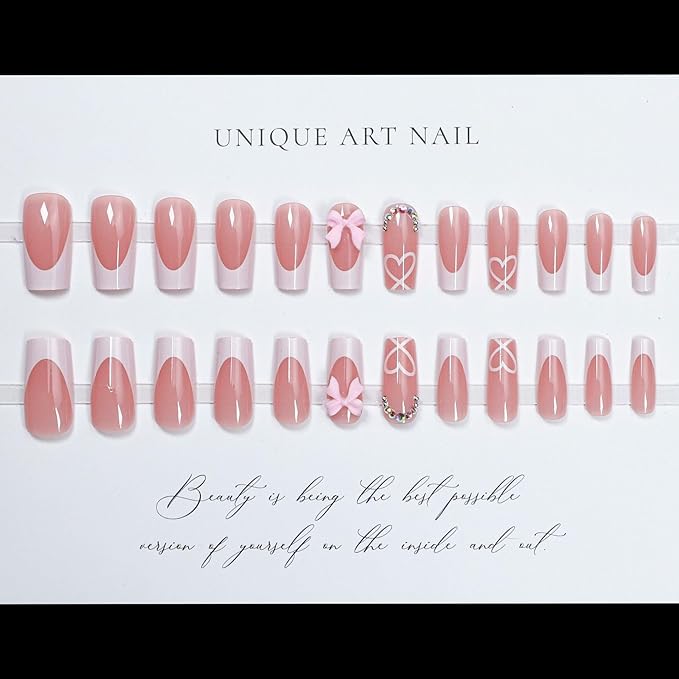 Press on Nails Medium Coffin - Pink Fake Nails with Bow Heart Design - White French Tip False Nails Press ons - for Women 24 Pcs