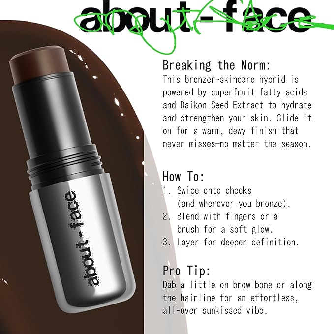 about-face Beach Freak Bronzer Stick Beach Baby– Ultra-Creamy, Vegan Bronzer & Contour Stick with Skincare Benefits – Dewy Finish – Hydrating Formula with Daikon Seed Extract – Medium/Deep