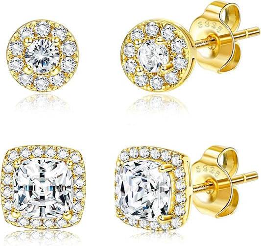 Hayoso 18K Gold Plated Halo Stud Earrings 925 Sterling Silver Cubic Zirconia Stud Earrings Round Square Diamonique Stud Earrings Set for Women Men