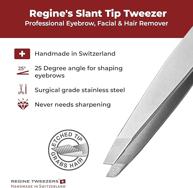 Regine Switzerland Professional Tweezers Slant Tip - Etched Tip Brow and Eyebrow Tool for Men and Women - Precision Tweezers for Fine Hair, Chin, Lash Extensions - Stainless Steel Handmade Beauty Tool