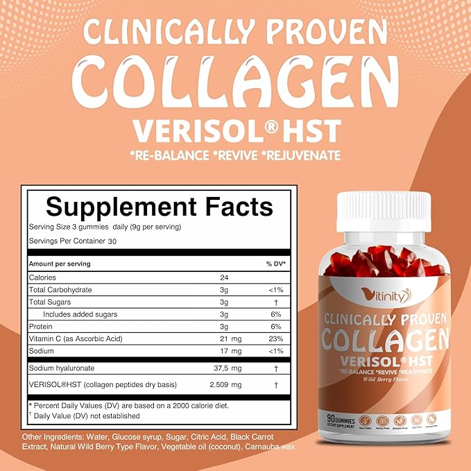 VITINITY VERISOL® HST+HA+VIT C Collagen Hard Chewy Gummies Clinically Proven Beauty.Firmer,Smoother Skin,Fewer Wrinkles,Reduced Cellulite.True Beauty from Within.The Look-Good Feel-Good -30 Day Supply