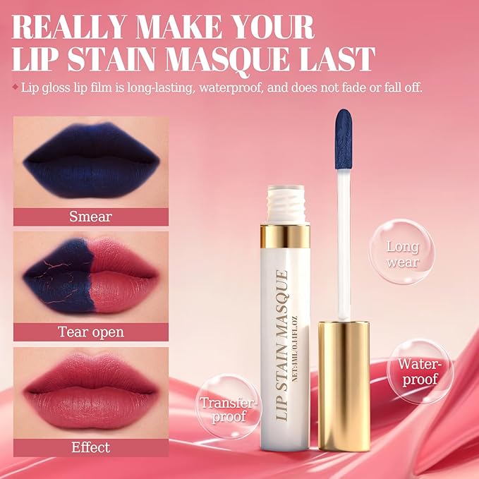 Lip Stain Peel Off & Wipe-Off, Long Lasting Waterproof Lip Tint, Smudge Proof, Transfer Resistant, Easy Wipe Finish, High Pigment Matte Lip Color, All-Day Kiss-Proof Lip Makeup 01#