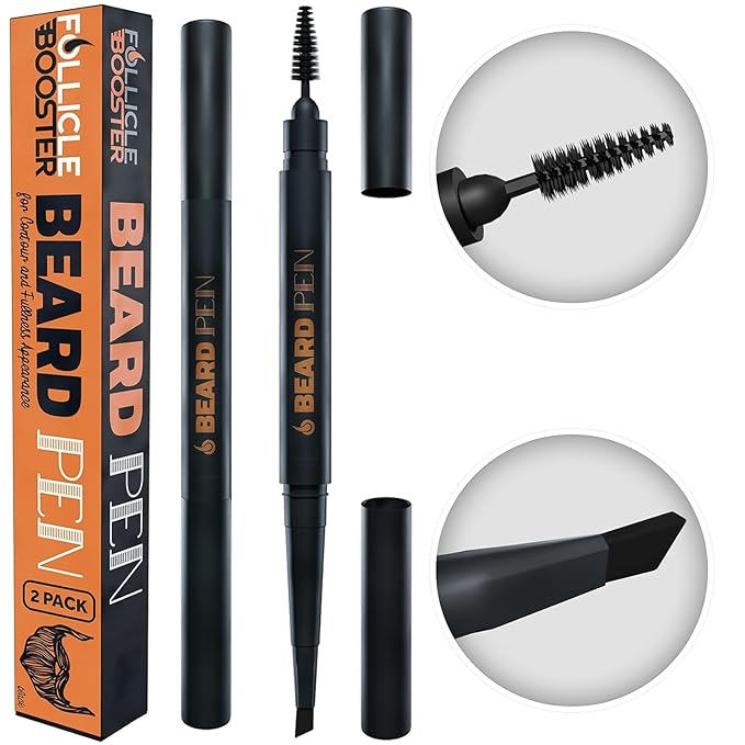 Beard Pen Filler for Men - Barber Styling Grooming Pencil - Waterproof, Sweat Proof, Long Lasting Solution with Natural Finish - Cover Beard and Scalp Patches in Seconds - Black 2 Pack