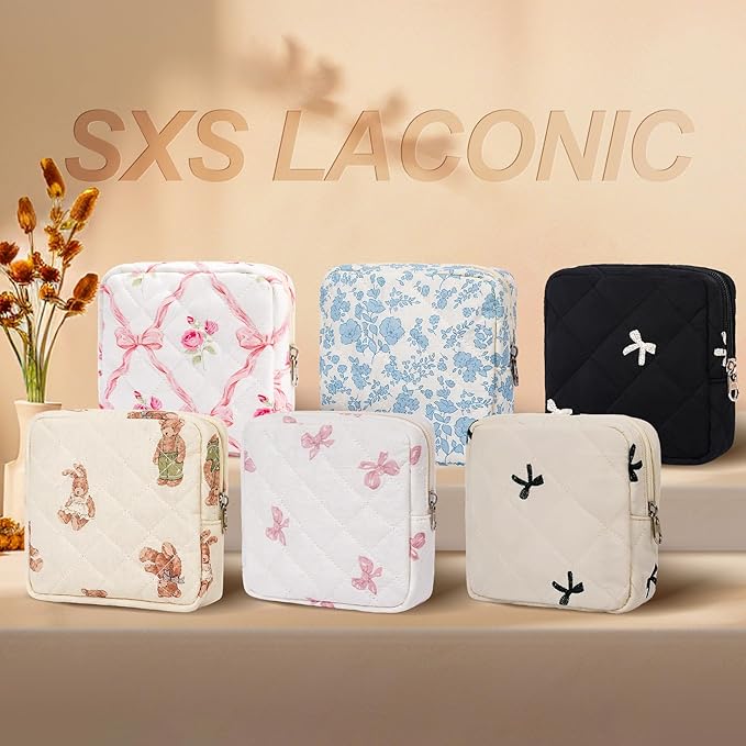Small Makeup Bag for Purse,Quilted Cosmetic Pouch, Mini Make up Bags with Compartments Inside, Cute Cosmetic Organizer for Women, Travel Toiletry Bag