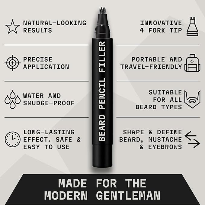 Striking Viking Beard Pencil Filler - Jet Black, 2-Pack with Soft Bristle Brush - Barber Pencil Tip for Gap Repair - Realistic Hair Strokes with Beard Pen - Waterproof All-Day Wear with Pen Filler