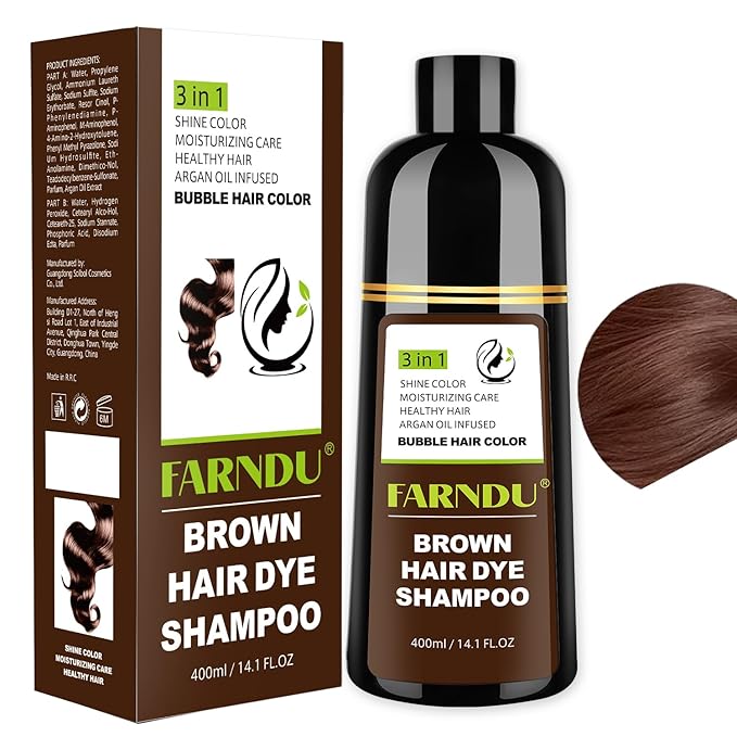 Farndu Brown Hair Dye Shampoo for Women Men, Gray Hair Coverage, Natural Herbal Ingredients