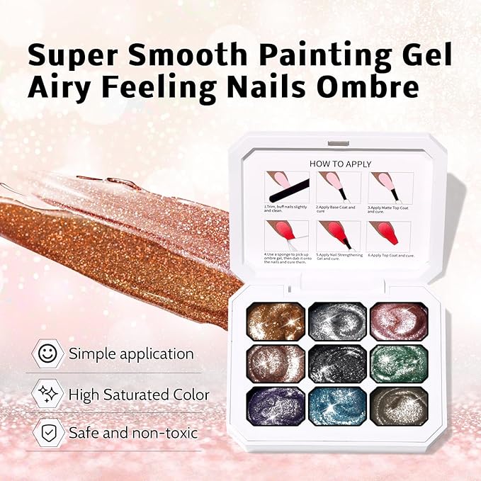 Karroy Sponge Pat Paint Nail Gel, 9 Colors Ombre Nails Gradient Gel Nail Blush Blooming Aura Nails Drawing Stripper Floral Painting Nail Art, No Wipe, UV/LED Curing (9 Colors K)