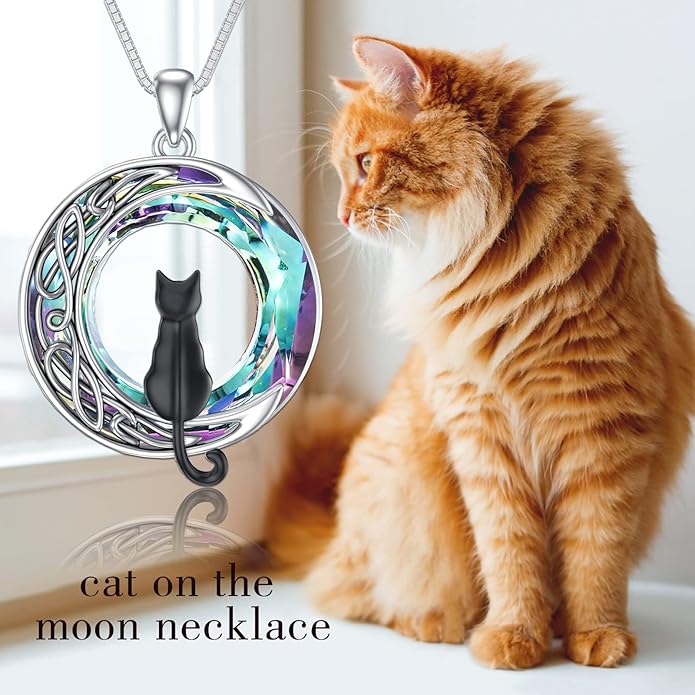TOUPOP Cat Gifts for Cat Lovers One Two Three Four Cats Necklace Sterling Silver Cats on the Moon Pendant Necklace with Blue Circle Crystal Birthday Christmas Celtic Jewelry Gifts for Women
