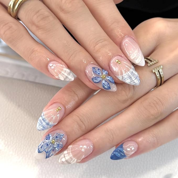 24pcs Blue Flowers Press on Nails Medium Almond Fake Nails Handmade Press on Nails Floral, 3D Flower False Nail French Blue Wave Beach Manicure with Almond-shaped False Nails for Women