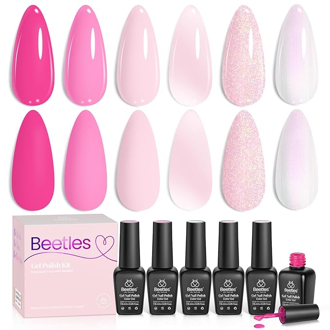 Beetles Pink Gel Nail Polish Set – Blush Cotton 6 Colors Gel Polish, Nude Baby Pink Rose Glitter Jelly Long Lasting Soak Off UV LED Manicure Kit Gift for Women Valentines Nails