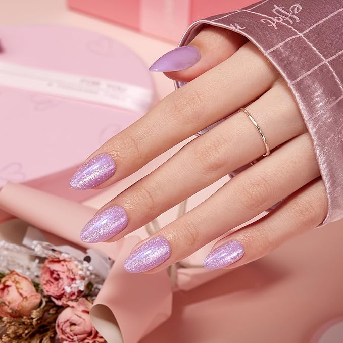 VSALON Press on Nails Short Almond - Purple Cat Eye Glitter Nails Kit for Women, Lilac Valentines Opaque Gel Fake Nails with Glue & Cuticle Oil - 32 PCS Stick On Nails in 16 Sizes (Iris)
