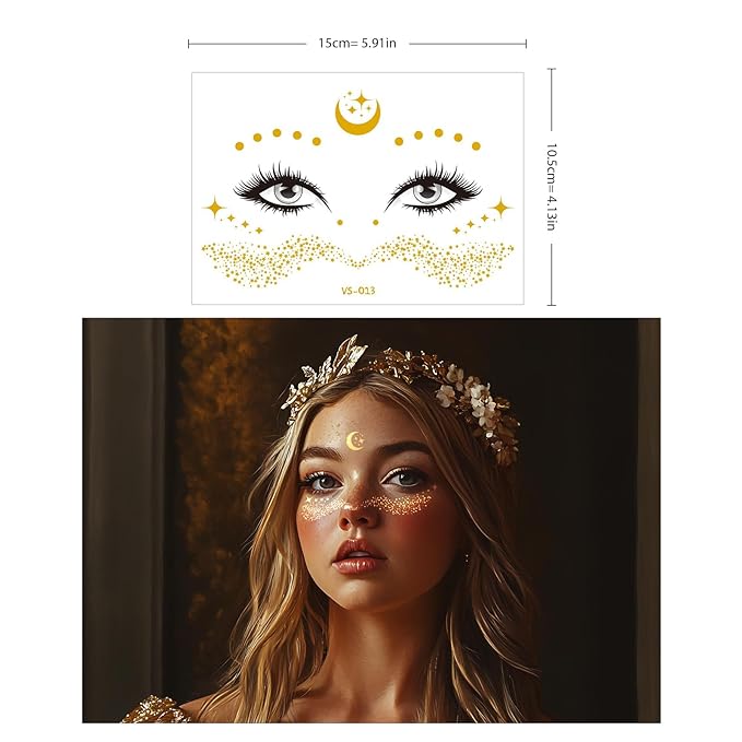 12 Pcs Gold Glitter Freckles Face Tattoo,Sparkle Makeup Patches Metallic Face Temporary Tattoos Stickers,Gold Face Freckle Tattoo for Women Halloween Christmas Party Decor 638