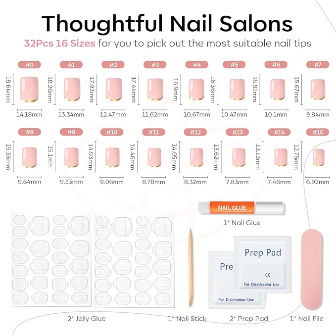 Modelones French Tip Press on Nails Short, Square Fake Nails, Reusable Nail Kit with Nail Glue Adhesive Tabs Mini Nail File, Nails Press Ons 32Pcs 16Sizes, Women Girl Gift, Golden Nude, Valentines