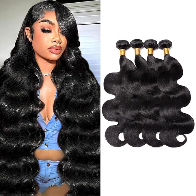12A Human Hair Bundles 28 30 32 34 Inches Body Wave Bundles Human Hair 100% Unprocessed Brazilian Virgin 4 Bundles Human Hair Extensions Quick Weave Natural Black
