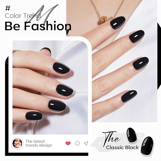 modelones Black Short Press on Nails, Oval Fake Nails Kit Press Ons with Nail Glue, Adhesive Tabs, Nail File, Prep Pad, Manicure Stick, 32Pcs 16 Sizes